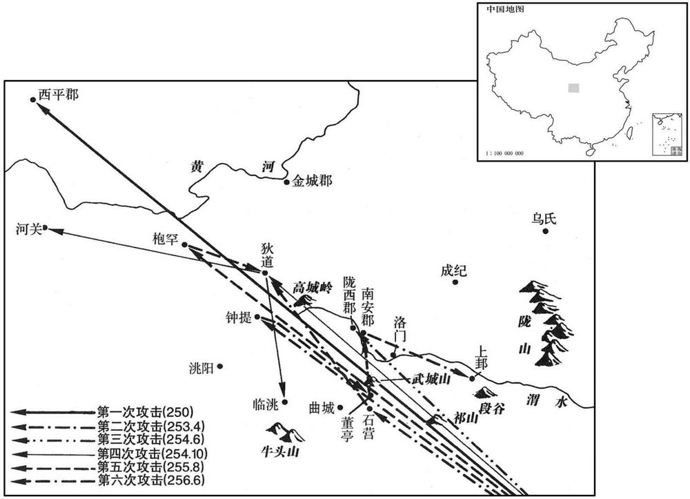 三世纪·五〇年代蜀汉姜维六次攻击陇右示意图