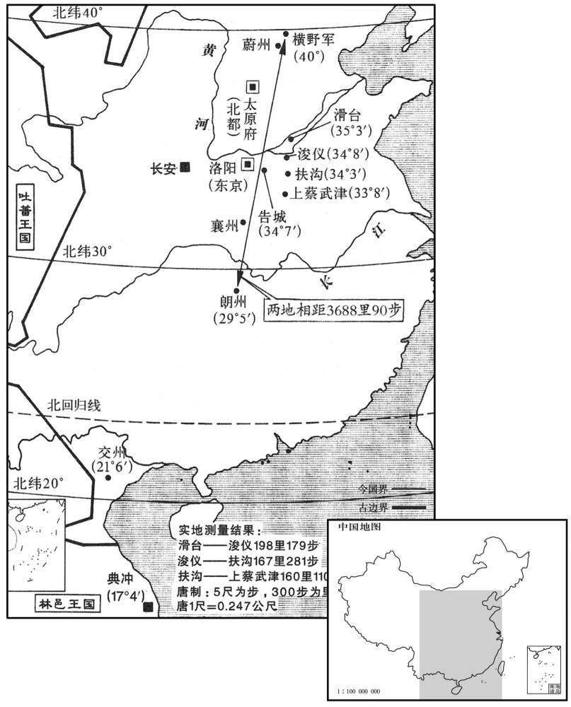 八世纪·七二四年四月各地测量日影,计算子午线弧度