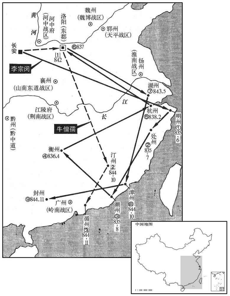 九世纪·三〇年代至四〇年代牛僧孺、李宗闵贬谪路线